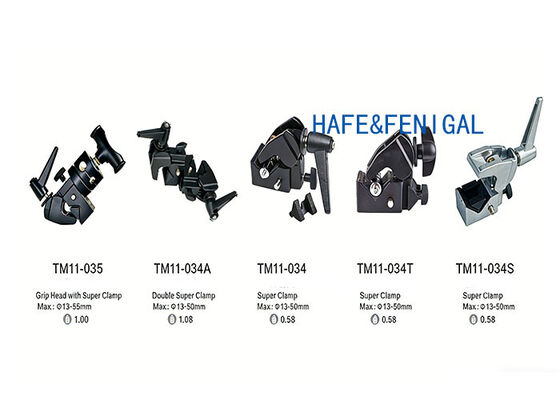 Professionele superklemmen en greepkoppen voor het monteren van studio-, podium- en filmapparatuur