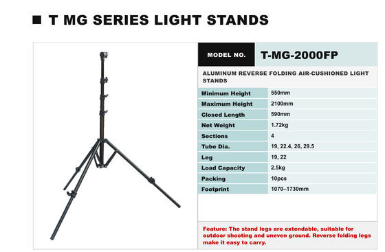TMG Series Aluminum Reverse-Folding Air-Cushioned Light Stand with Adjustable Legs for Studio and Outdoor Photography