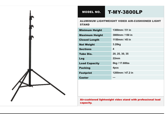 Lightweight Aluminum Air-Cushioned Light Stand with 3960 mm Height for Studio and Video Production