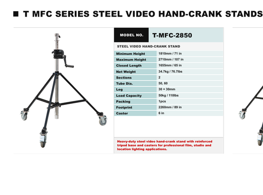 TMFC Series Steel Crank-Up Film Stand with 40kg Load Capacity 7.2m Max Height Heavy-Duty Construction