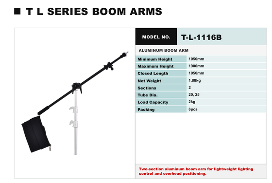 TL-serie aluminium boomarmstatief met verstelbare hoogte en draagbaar ontwerp voor studioverlichting
