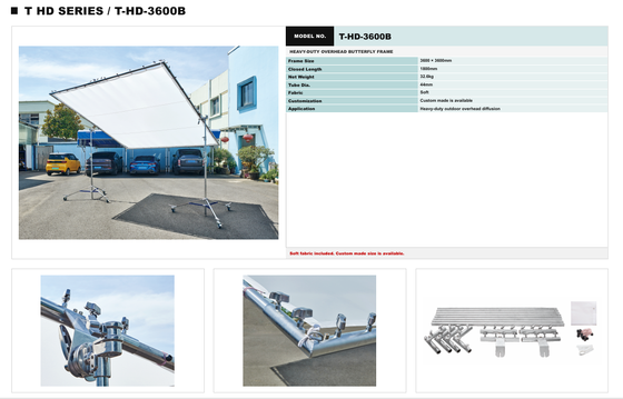 HAFE T HD-serie Overhead Butterfly Frame System met 2400 × 2400 mm en 3600 × 3600 mm zware diffusiekaders